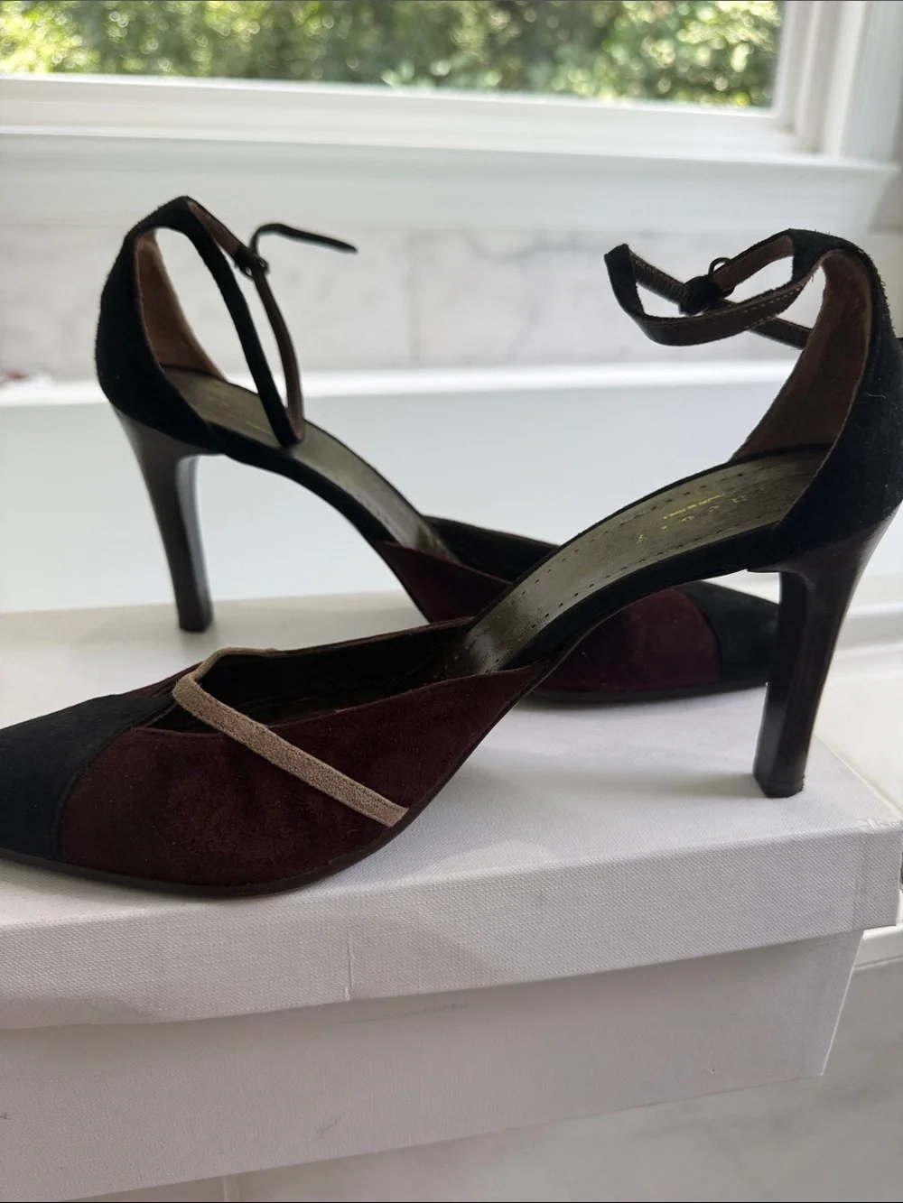 Theory Burgundy and Black Suede Pointed-Toe Ankle-Strap Heels